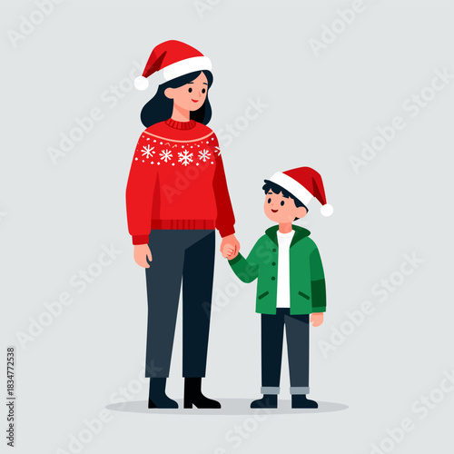 A mother and child in Christmas hats are holding hands, showing a warm and festive scene.
