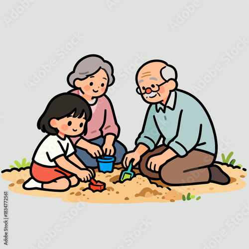 An elderly couple and a little girl are enjoying playing in the sand, showing a warm family interaction.