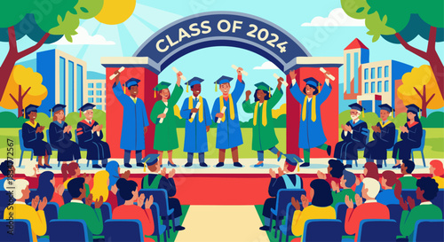 “University graduation ceremony with students in caps and gowns holding diplomas, flat bright vector style.”