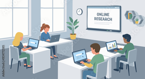 “Students doing online research on laptops in a modern classroom, flat minimal graphic style.”