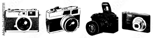 Set Camera Photography Black and White Silhouette Vector Ideal for photography, video, media, and simple capture graphics. Symbolizes lens, simple imaging, and visual media.