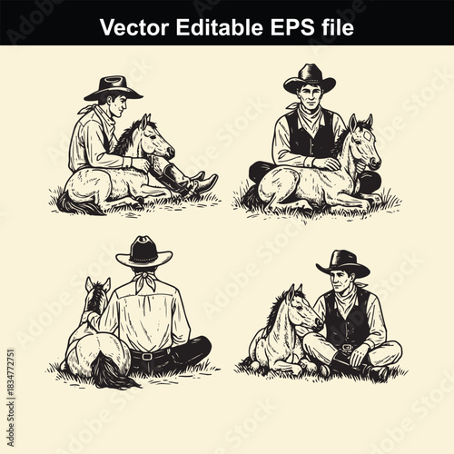 vector illustration set of four scenes featuring cowboys sitting beside resting horses, presented in a vintage black and white sketch style with editable eps file note
