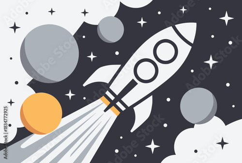 Rocket flying through space with planets and stars
