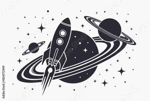 Monochrome rocket flying among planets and stars

