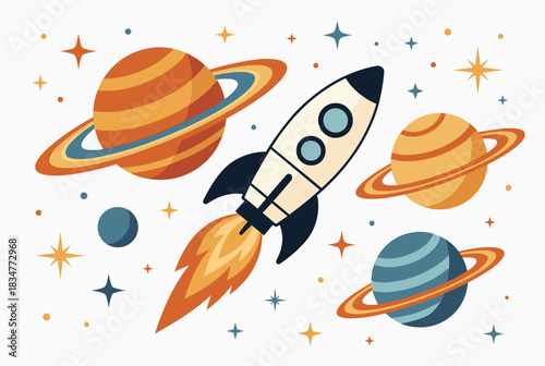 Retro rocket flying through colorful planets in outer space
