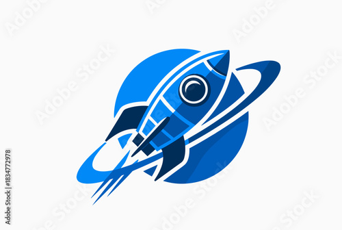 Modern blue vector logo design of a rocket flying around a planet, symbolizing innovation and space exploration.
