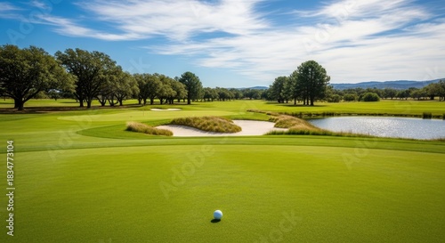 A golf course with a green lawn, trees, and a pond.