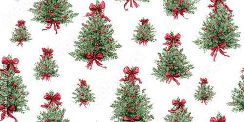 Christmas pattern with festive fir trees, red berries, and satin ribbons on a white background for design, textiles, packaging, fabrics, wallpapers, branding, stationery, wrapping paper, home decor
