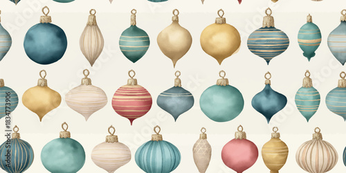 festive pattern vintage Christmas ornaments in dusty gold, teal, and blush tones, essential for design, textiles, packaging, fabrics, wallpapers, branding, stationery, wrapping paper, home decor.
