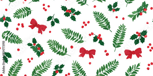 vector pattern with scattered holly, red berries, fern leaves, and red bows on a white background, design, textiles, packaging, fabrics, wallpapers, branding, stationery, wrapping paper, home decor.