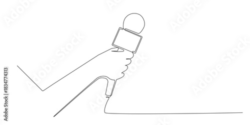 Continuous line drawing of a hand holding a news microphone.
One line illustration symbolizing journalism, broadcasting, interviewing, live reporting, press coverage, and media communication.