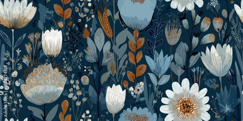 abstract seamless pattern of winter forest botanicals, trees, and berries in a modern, muted color palette, textiles, packaging, fabrics, wallpapers, branding, stationery, wrapping paper, home decor.