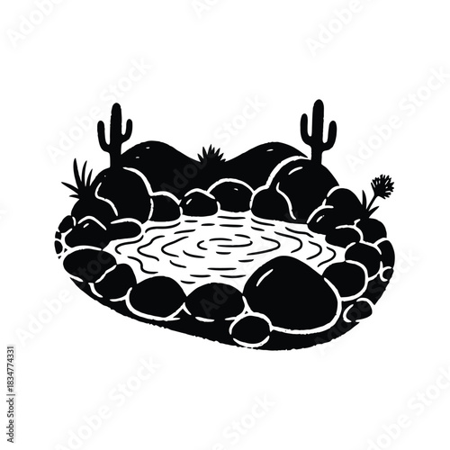 Discover a peaceful desert oasis featuring majestic cacti, smooth stones, and tranquil water, perfect for adding a touch of serenity and natural beauty to your creative projects