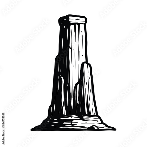 Dramatic black and white drawing of a striking rock formation, perfect for adding a bold statement to adventure travel brochures or geological studies with a vintage feel