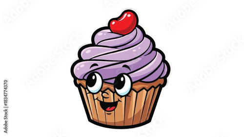 Cute Cartoon Cupcake with a Happy Face and Purple Frosting.