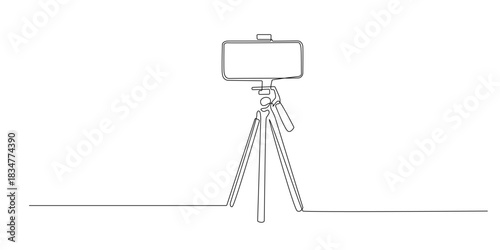 Continuous line drawing of a smartphone and tripod.One line drawing illustrating represent vlogging, recording, livestreaming, digital content production, and modern media tools.