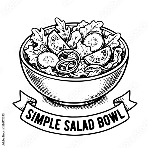 A black and white hand-drawn illustration of a simple salad bowl with fresh vegetables and a banner.