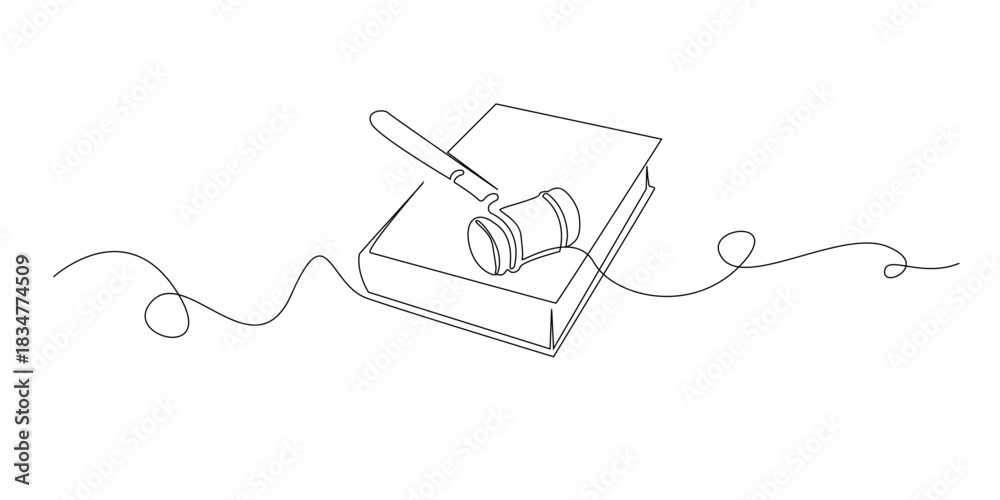 Fototapeta premium Continuous line drawing of a judge’s gavel resting on a law book. One line illustration representing justice, legal decisions, court authority, law enforcement, and the judicial system.