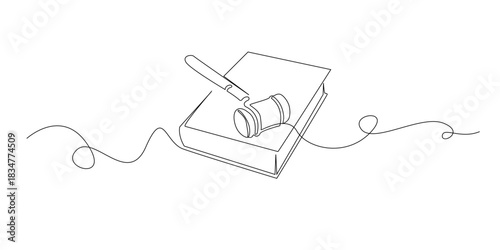 Continuous line drawing of a judge’s gavel resting on a law book.
One line illustration representing justice, legal decisions, court authority, law enforcement, and the judicial system.