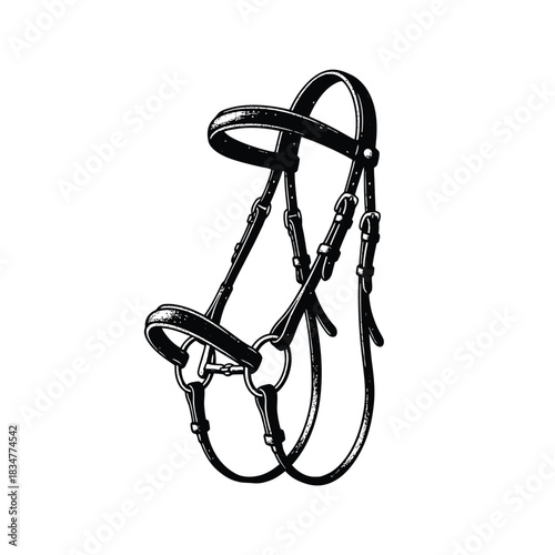 Classic horse bridle drawing, elegant design for equestrian lifestyle brands, ideal for vintage-inspired projects and advertisements, showcasing equestrian equipment for training and riding