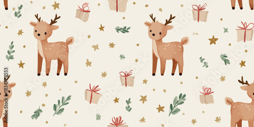 A sweet, hand-drawn seamless pattern of cute baby reindeer, small gifts, glitter stars, and foliage on a light background, excellent for children's design, textiles, stationery, and packaging.