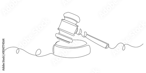Continuous line drawing of a judge’s gavel.
One line drawing illustrating a gavel used in courtrooms to represent law, justice, authority, legal decisions, and judiciary symbolism.