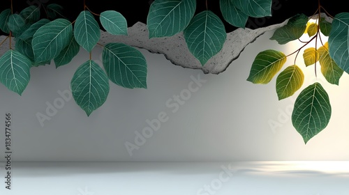 Lush green leaves emerge from a cracked concrete wall illuminated by soft light