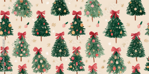 A festive watercolor seamless pattern of decorated Christmas trees with red bows and scattered gift boxes on a light, speckled background, suitable for wrapping paper, fabrics, and seasonal designs.