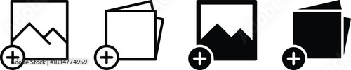 Add image and add files icons, vector set of four glyph and outline symbols representing new photo, document, or gallery creation in applications and websites.