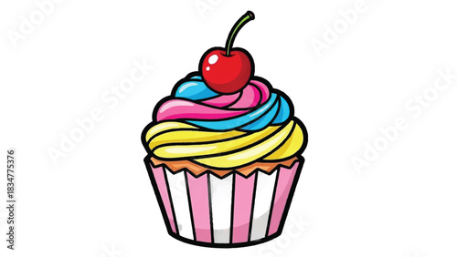 A vibrant cupcake with colorful frosting and a cherry on top.