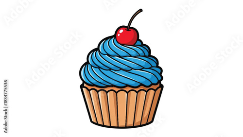 Blue Frosted Cupcake with Cherry Topping.