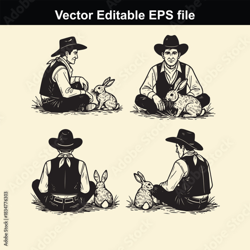 vector illustration set showing two cowboys sitting on the ground interacting with rabbits from front and back views, black and white sketch style