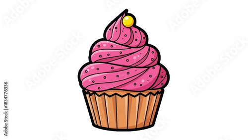 Delicious pink frosted cupcake with a golden yellow topping and brown wrapper.