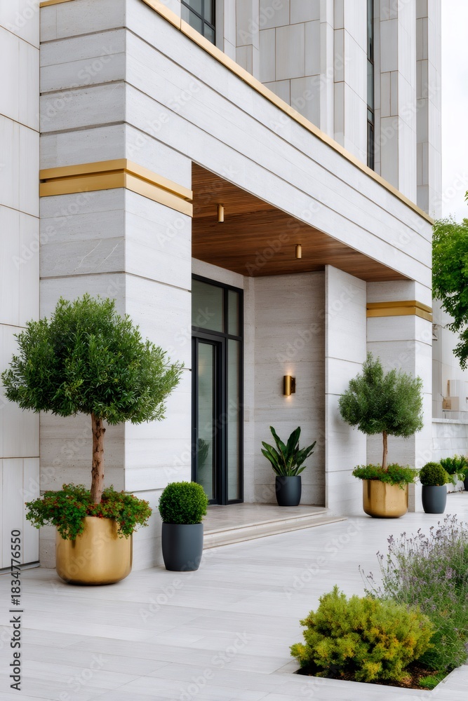 Naklejka premium Modern building entrance with luxury landscaping design