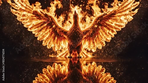 Dynamic fiery phoenix rising in dramatic flame choreography.