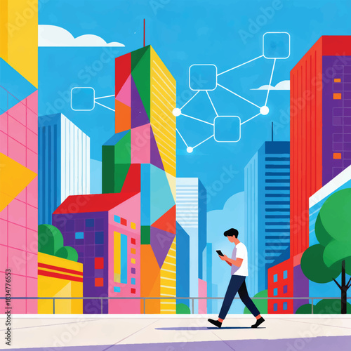 Illustration Of A Character Walking While Using A Gadget, With A Modern City Vector Design Template