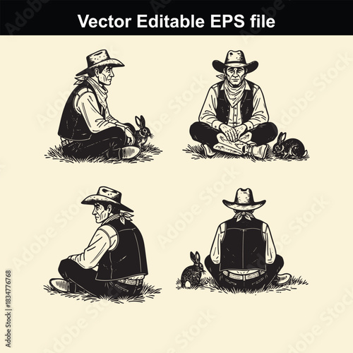 vector editable eps file showing four different views of a cowboy sitting crosslegged on the ground next to a small rabbit in a vintage sketch style