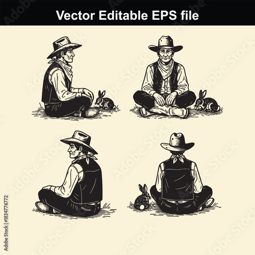 vector editable eps file showing four different views of a cowboy sitting crosslegged next to a small rabbit in a vintage sketch style illustration