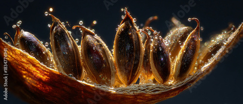 Gentle backlight rim highlighting the split and seeds, abstract macro nature background. 