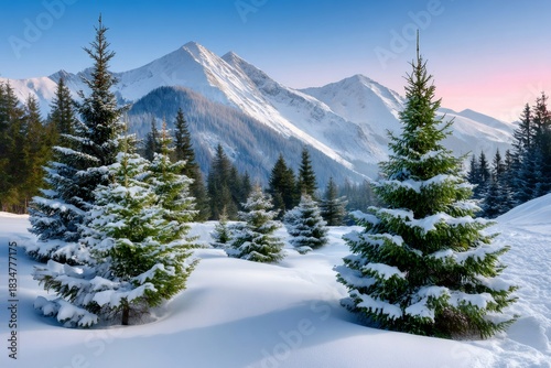 Fototapeta Naklejka Na Ścianę i Meble -  Winter landscape showing snowy mountains and fir trees