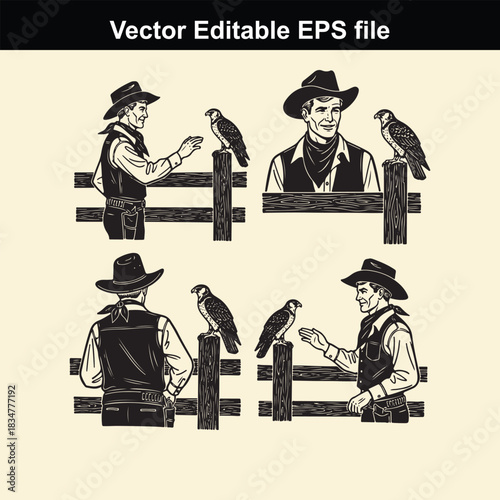 vector editable eps file showing four different poses of a cowboy leaning on a wooden fence with a bird of prey, likely an eagle or hawk, perched nearby