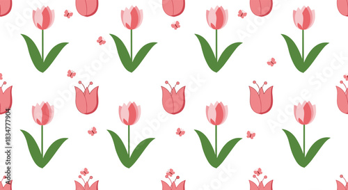 A sweet and simple seamless spring pattern featuring pink tulips and small delicate butterflies on a clean white background.jpg
