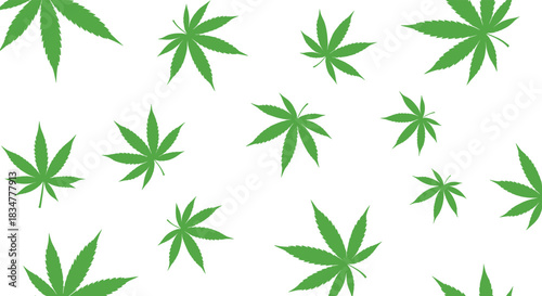 A simple seamless pattern of green cannabis or marijuana leaves of various sizes scattered across a clean white background.jpg