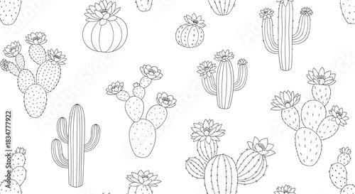 A seamless monochrome pattern of various hand-drawn cacti and succulents in a detailed black and white line art illustration.jpg