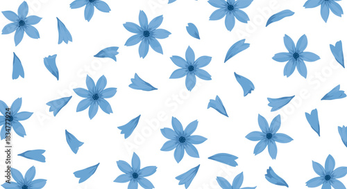 A gentle and airy seamless pattern of light blue watercolor-style flowers and falling petals scattered on a white background.jpg