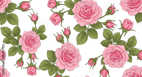 A romantic and elegant seamless floral pattern featuring beautiful vintage pink garden roses with green leaves and rosebuds.jpg