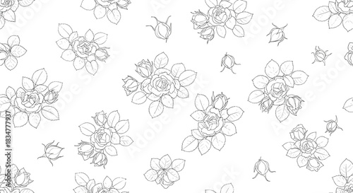 A delicate and subtle seamless pattern of hand-drawn rose outlines and buds scattered on a clean white background for design.jpg