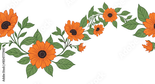 A seamless horizontal floral border made of bright orange sunflowers or gerbera flowers with green leaves on a white background.jpg