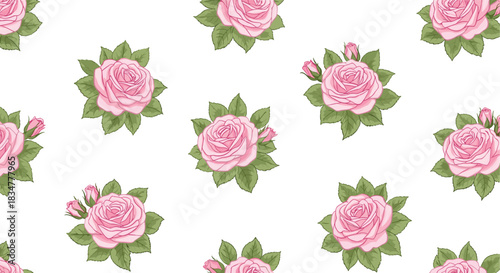 A simple and elegant seamless pattern with beautiful pink roses and green leaves scattered on a clean and bright white background.jpg