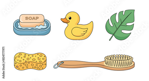 A cute set of cartoon bath time and spa accessories including a soap bar a rubber duck a brush a sponge and a monstera leaf.jpg